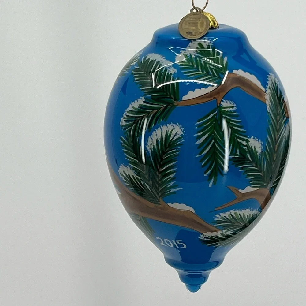 Pier 1 Li Bien Snow Owl Ornament 2015 Hand Painted Glass Blue Christmas Boxed